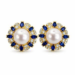 Gold Pearl and Blue Crystal Studs